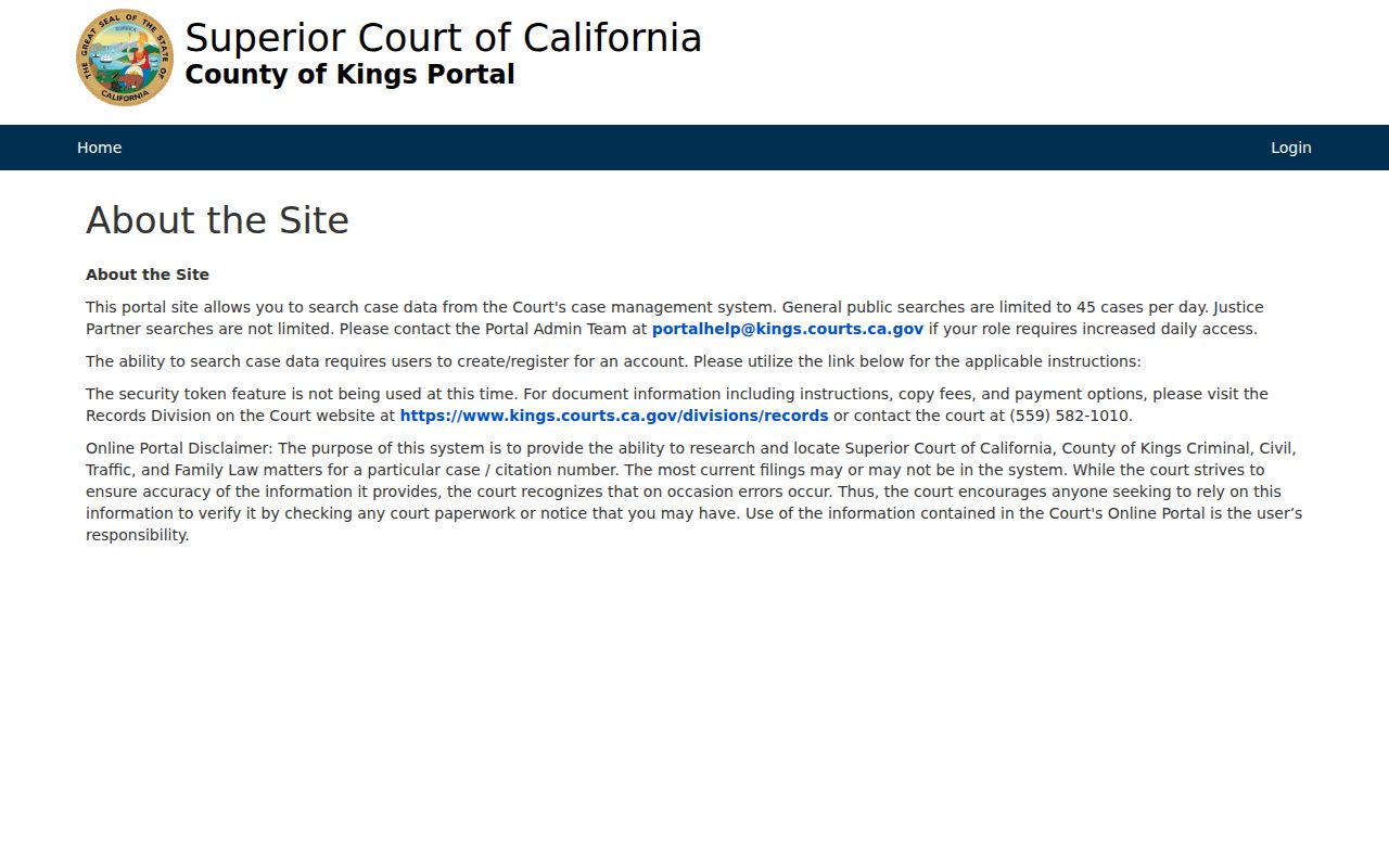 Corcoran people search Kings Superior Court portal account limits
