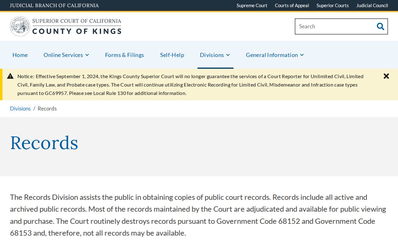 Corcoran public records Kings Superior Court records division