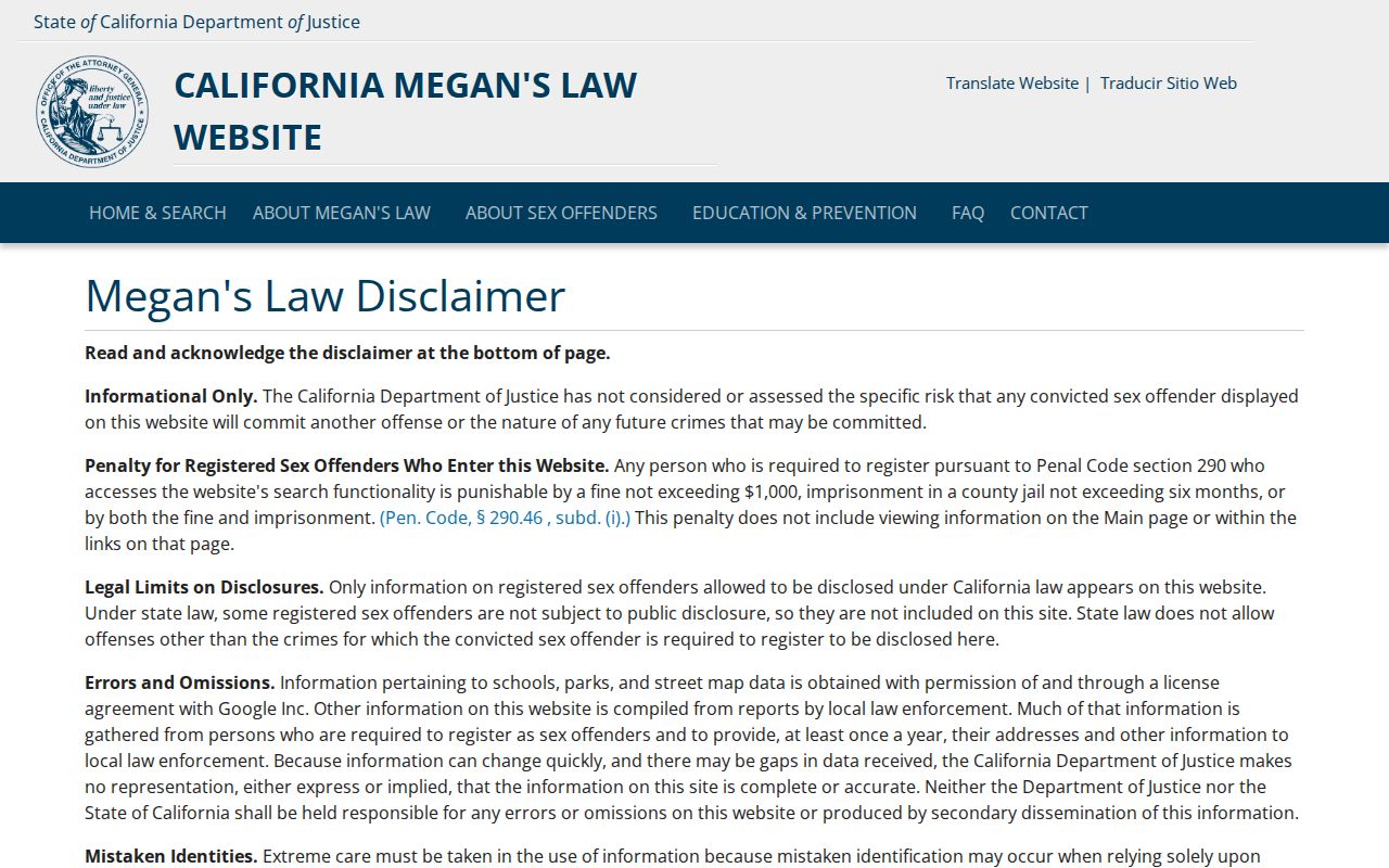 Corcoran voter registration records California Megan's Law official registry search interface